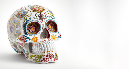 Sugar Skull, Calavera, to celebrate Mexicans Day of the Dead greeting card with white color space. Generative AI