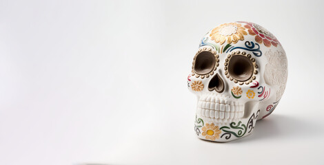 Sugar Skull, Calavera, to celebrate Mexicans Day of the Dead greeting card with white color space. Generative AI - 581924662
