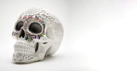 Sugar Skull, Calavera, to celebrate Mexicans Day of the Dead greeting card with white color space. Generative AI - 581924666
