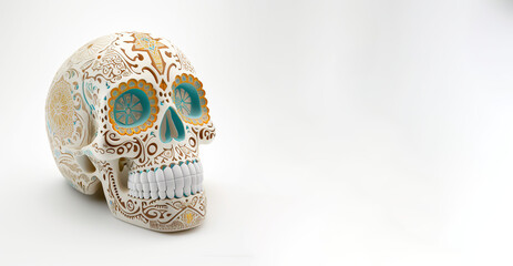 Sugar Skull, Calavera, to celebrate Mexicans Day of the Dead greeting card with white color space. Generative AI - 581924668