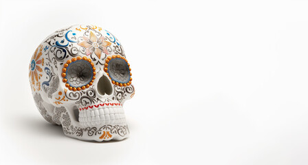 Sugar Skull, Calavera, to celebrate Mexicans Day of the Dead greeting card with white color space. Generative AI - 581924674