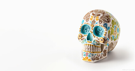 Sugar Skull, Calavera, to celebrate Mexicans Day of the Dead greeting card with white color space. Generative AI - 581924675
