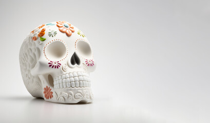 Sugar Skull, Calavera, to celebrate Mexicans Day of the Dead greeting card with white color space. Generative AI - 581924677