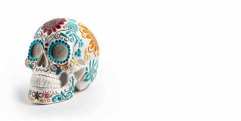 Sugar Skull, Calavera, to celebrate Mexicans Day of the Dead greeting card with white color space. Generative AI - 581924678