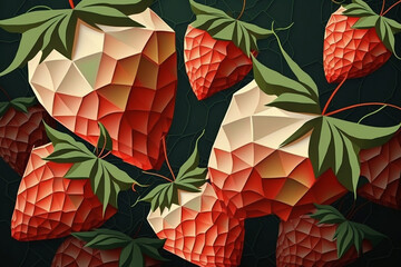 Picture of strawberries on the dark background, colorblocks technique. Generative AI