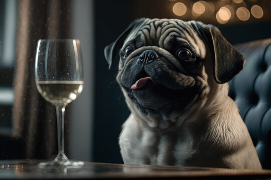 Pug dog and glass of champagne created with Generative AI technology.