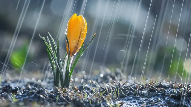 Beautiful yellow crocus flower in spring rain