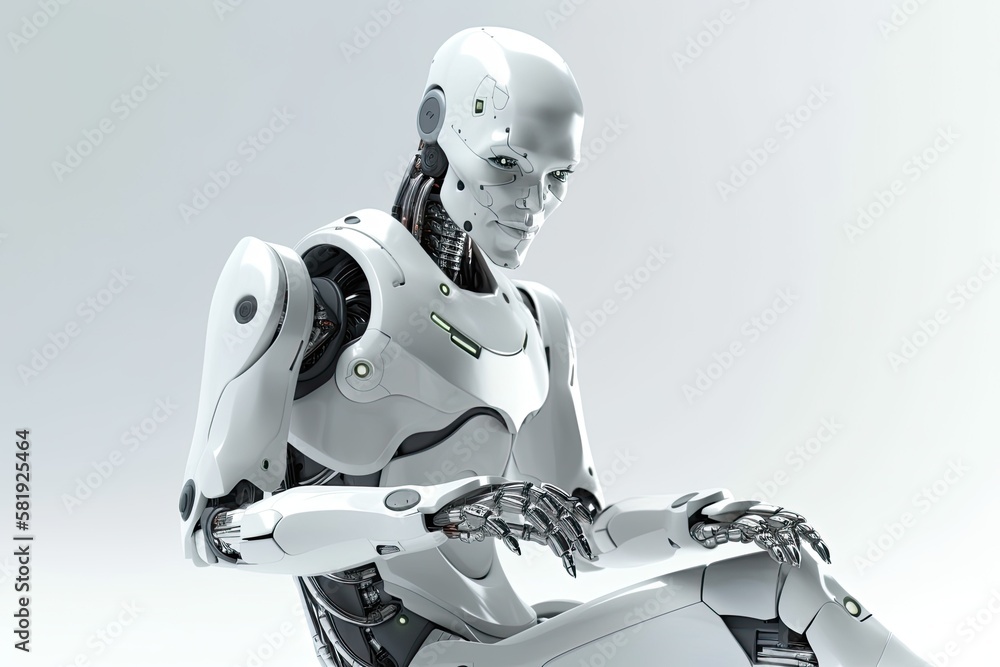 Poster white robot on a white background with a tablet. generative ai