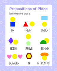 Prepositions of Place with geometry shapes printable educational worksheet, colorful activity vector illustration teacher resources, the English language grammar elementary level, learning concept
