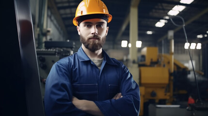 Factory worker in protective uniform and hardhat standing by industrial machine at production line