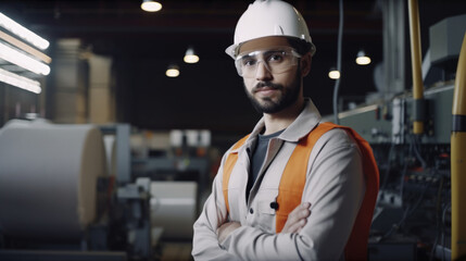 Factory worker in protective uniform and hardhat standing by industrial machine at production line