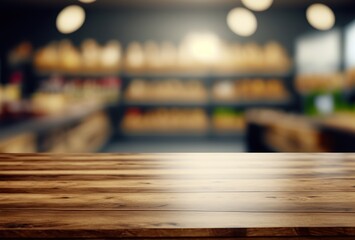 Mockup of wooden table or planksof a panorama banner for product presentation. a supermarket in a blurred background. Template for products, prototypes and presentation designs.