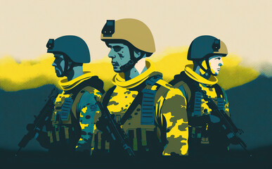 Ukrainian soldiers fighting for their freedom illustration. Generative AI - 581926431