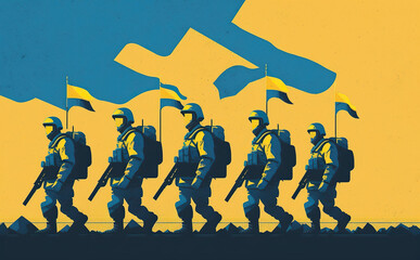 Ukrainian soldiers fighting for their freedom illustration. Generative AI - 581926432