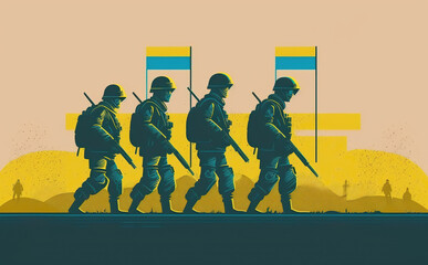 Ukrainian soldiers fighting for their freedom illustration. Generative AI - 581926445