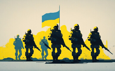 Ukrainian soldiers fighting for their freedom illustration. Generative AI - 581926466
