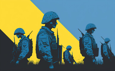 Ukrainian soldiers fighting for their freedom illustration. Generative AI - 581926468
