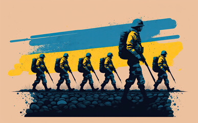 Ukrainian soldiers fighting for their freedom illustration. Generative AI - 581926491