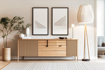 Interior of modern living room with white wooden sideboard over white wall with wooden paneling. Contemporary room with dresser. Home design with poster - Generative AI