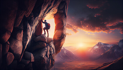 Climber on the rock at sunset. Generative Ai