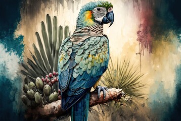 KI Malerei - Farbenprächtige Papageien auf einem Ast