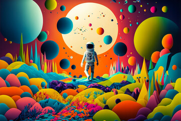 Naklejka na ściany i meble Astronaut floating in a colorful abstract space. Surrealist style, bright colors, feelings of fear and wonder. Generative AI