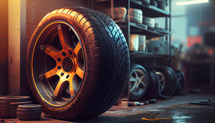 Car tire in auto repair shop. Generative Ai