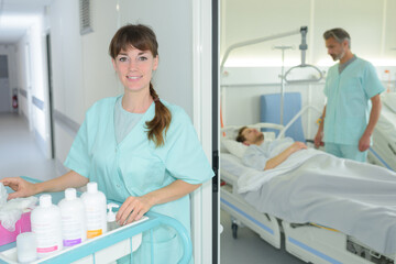 happy female nurse pushing trolley in hospital hallway