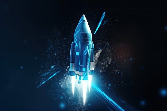 Modern rocket launches on a blue background. Metaverse knowledge. Business Start up with a rocket themed product launch. The portal or hologram is where the rocket launches. Template and Setting