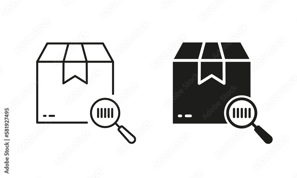 Poster barcode on parcel box with magnifier scanner silhouette and line icon set. search product bar code o