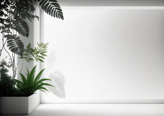 Mockup einer weißen leeren Wand für Text oder Bilder in einem Flur. Auf der linken Seite befinden sich Pflanzen wie Palmen mit Schatten. Generativ KI 
