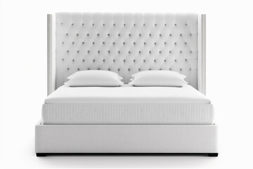 Modern empty bed on white isolated background.Closeup front view.Created with generative ai