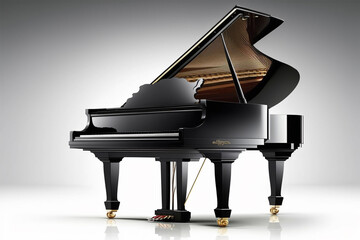 Modern luxury black piano on white isolated background.Closeup front view.Created with generative ai