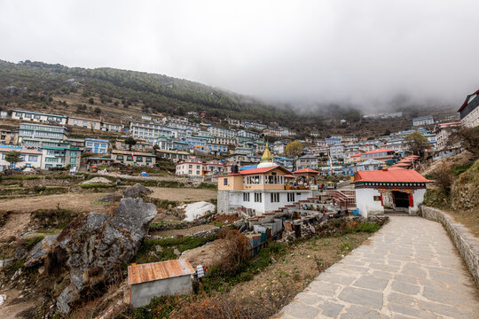 Entering cloudy Namche bazar (3440m) after whole day trek from Phakding