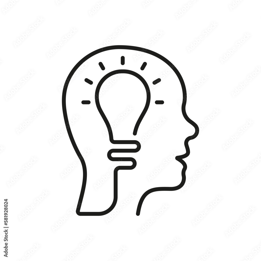 Poster lightbulb in human head linear pictogram. intellectual process symbol. creative thinking line icon. 
