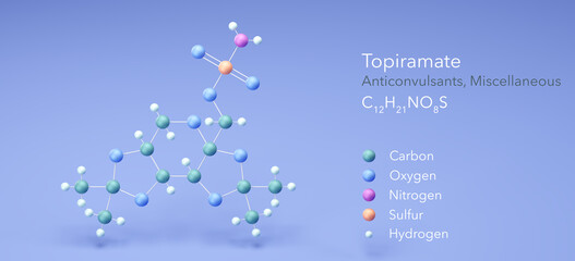 Fototapeta na wymiar topiramate molecule, molecular structures, anticonvulsants, miscellaneous 3d model, Structural Chemical Formula and Atoms with Color Coding