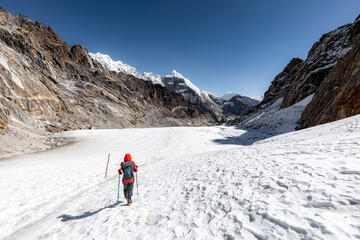 Fototapeta na wymiar Chola pass (5420m): crossing Chola pass is a special moment. For the first time on 3 passes trek you get to experience walking on glacier with spikes