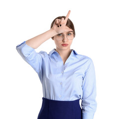 Young businesswoman showing loser gesture on white background