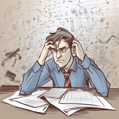  a cartoon man thinking extremely hard, sitting in an office, calculated spreadsheets Formulas behind him, generative ai