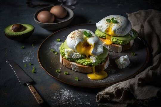 Avocado and Poached Egg Sandwiches. AI generated