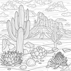 Wild West. Cacti in the desert.Coloring book antistress for children and adults. Illustration isolated on white background.Zen-tangle style. Hand draw