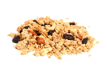 Heap of tasty granola on white background