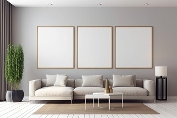 Living room wall with a mock poster frame. Modern background with a luxurious apartment. Illustration Modern interior design. Generative AI