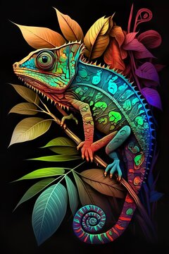 Chameleon artwork. Jungle animal design with reptile, tropical leaves and branches.