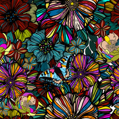 Seamless background pattern illustration. Graphic beautiful different flowers. Vector illustration. Hand drawn.