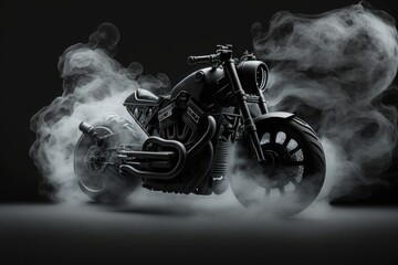 Motorcycle detail on a dark background with smoke, side view. AI generation