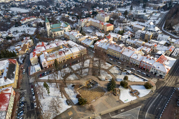 Drone view of Lancut town during winter
