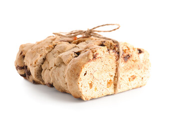 Delicious biscotti cookies tied with thread isolated on white background
