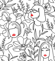 Contemporary fashion seamless pattern. Continuous line, drawing of faces and flowers, fashion minimalist concept. Texture for packaging, wrapping paper, social media post etc.