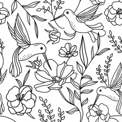 Hand drawn seamless pattern with birds and flowers. Hummingbirds and flowers, retro style, antique backdrop. Vintage monochrome flower design for web, wrapping paper, cover, textile, fabric, wallpaper